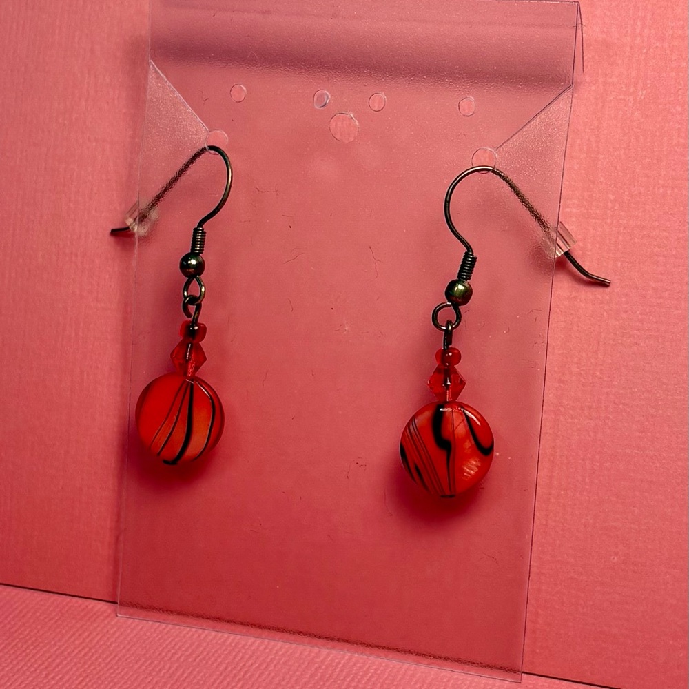 Handcrafted Earrings Pierced Unique Women Red Glass Beads & Black Lines CUTE
